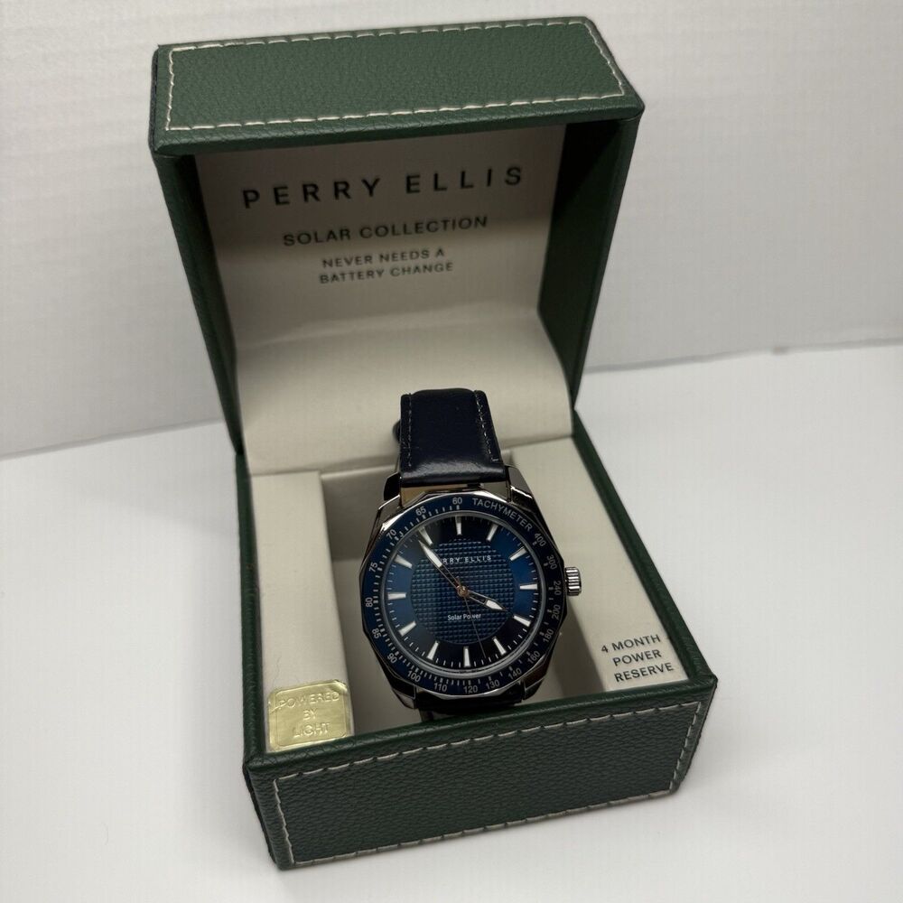 Perry Ellis Solar Powered Mens Watch Navy Band Silver Round 42 MM New W/Flaw